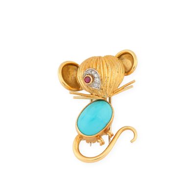 an image of a gold and turquoise mouse broochle