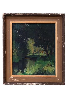 une image d'une peinture représentant une rivière dans une zone boisée