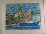 drawing of a boat in the water with a city in the background