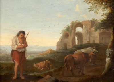 un tableau représentant un homme debout à côté d'un troupeau de bovins