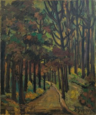 un tableau représentant une route dans les bois, bordée d'arbres de chaque côté