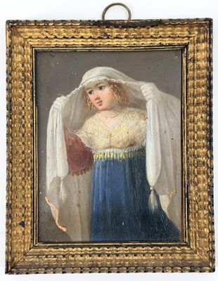 un vieux tableau représentant une femme en robe bleue tenant un éventail