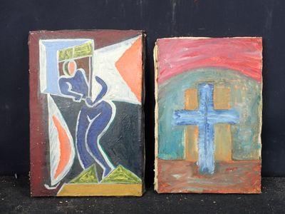 tableau représentant un homme portant une croix et une femme portant une croix