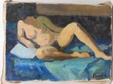 une peinture à l'huile représentant une femme nue allongée sur une couverture bleue