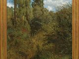 un tableau représentant un paysage boisé avec des arbres et des buissons