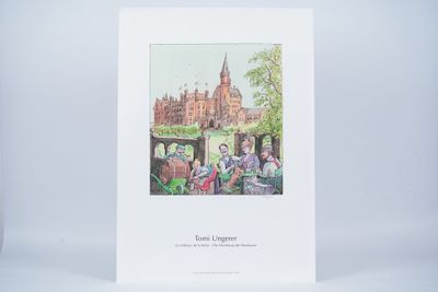 a drawing of a group of people sitting on a bench in front of a building