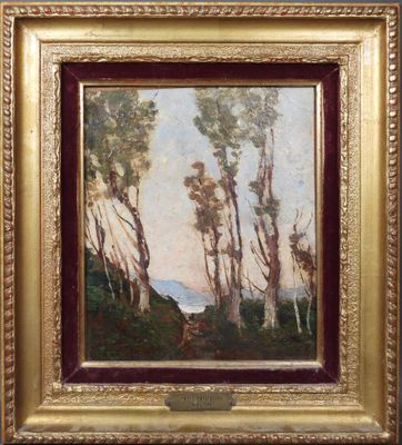 un tableau représentant un paysage avec des arbres et une montagne en arrière-plan