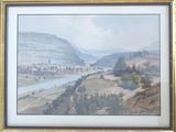 tableau représentant une vue sur une rivière avec une ville au loin