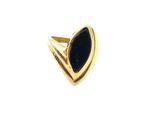 a close up of a gold ring with a black stone