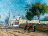 painting of a man riding a donkey down a dirt road next to a building