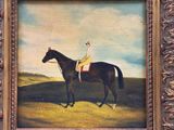 painting of a man riding a horse in a field with a sky background