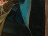 painting of a woman holding a bouquet of flowers in her left hand