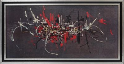 peinture représentant une œuvre abstraite noire et rouge, réalisée à la peinture blanche et rouge
