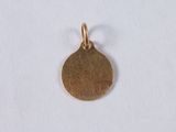 a close up of a gold coin on a white surface