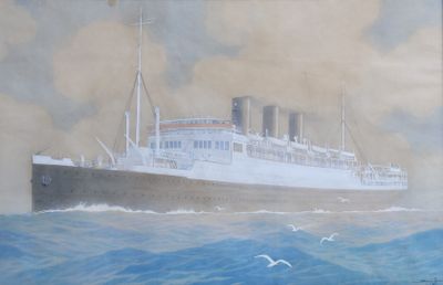une peinture représentant un grand navire sur l'eau