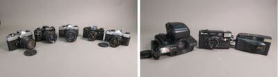 two pictures of a couple of old cameras on a table