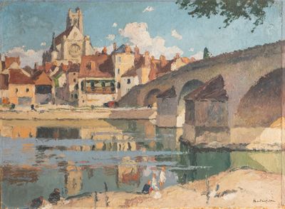tableau représentant une scène fluviale avec un pont et une église en arrière-plan