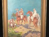 une peinture à l'huile représentant un groupe d'hommes à cheval sur un chemin de terre