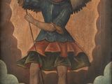 an old painting of an angel holding a spear and a dragon