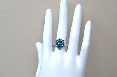 une bague sur la main d'un mannequin, sertie d'une topaze bleue