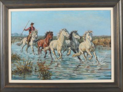 tableau représentant un groupe de chevaux galopant à travers un plan d'eau