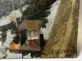 an oil painting of a boat on a body of water next to a mountain
