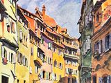a painting of a painting of a street in a european city