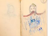 an open book with a drawing of a man in a blue dress