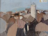 painting of a view of a town with a clock tower in the distance