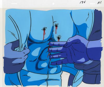 une image représentant un dessin d'un homme tenant un couteau dans la main droite