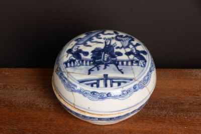 a small blue and white box on a wooden table
