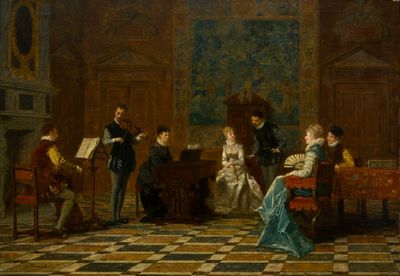 un tableau représentant un groupe de personnes assises autour d'un piano