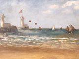 une peinture représentant un phare et des voiliers sur l'eau