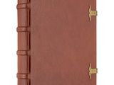 a brown leather book with a gold buckle on the front