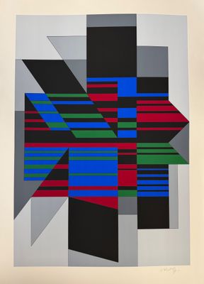 une image représentant un tableau aux motifs géométriques dans les tons de noir, rouge, bleu et vert