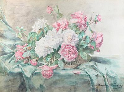 une aquarelle représentant un panier de fleurs posé sur une table