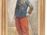 une peinture à l'huile représentant un homme en costume bleu et pantalon rouge