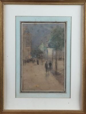 an image of a painting of people walking down a street