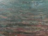 a painting of a boat in the water with a sky background