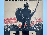 an old poster of a man holding a sword and shield in front of a crowd