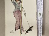 dessin représentant une femme promenant un chien tenu en laisse à l'aide d'un bâton
