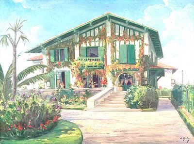 a painting of a building with a lot of flowers in front of it