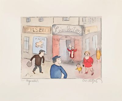 un dessin représentant un homme, une femme et un enfant devant un magasin
