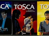 three books of tosca and toscaa are on a shelf