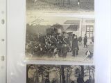 two old black and white photos of horses and people in a field