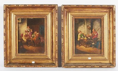une paire de peintures à l'huile sur toile représentant une réunion de famille dans une taverne