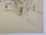 drawing of a man walking down a street next to a tree