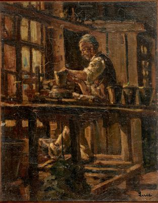 une peinture à l'huile représentant un homme travaillant sur une table dans un atelier