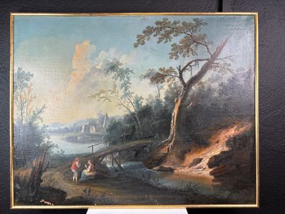 un tableau représentant un homme et une femme dans un décor boisé