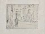 drawing of a man and a woman standing in front of a building